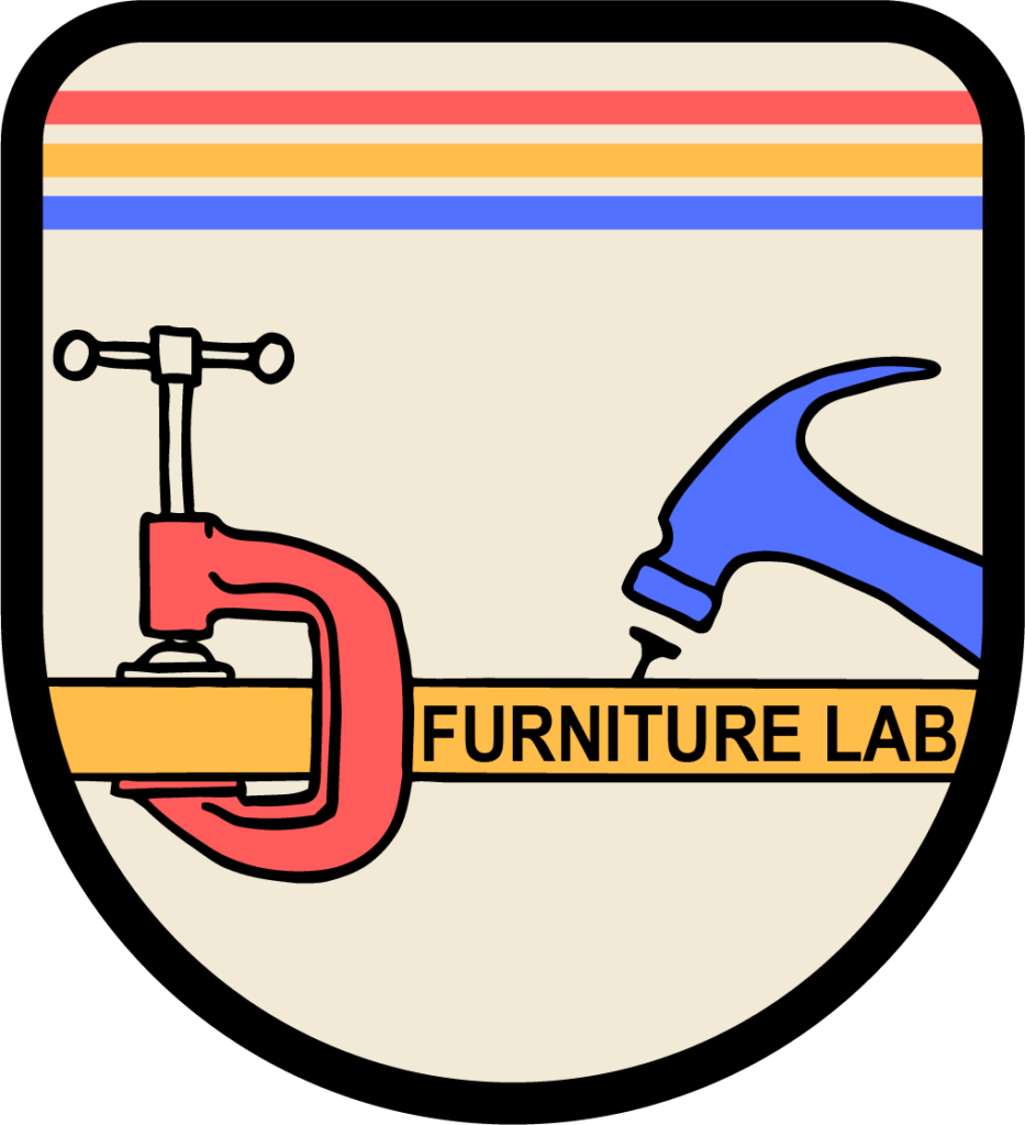 Clamp and blue hammer on a shield, "FURNITURE LAB" text, colored stripes above.