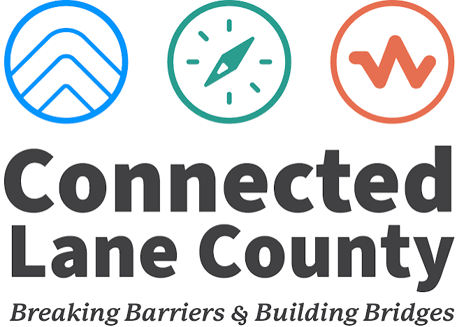 Three colorful icons sit above the Connected Lane County logo and the tagline Breaking Barriers & Building Bridges.