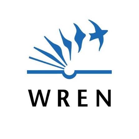 Blue birds fly above an open book; below the book, the word WREN appears in bold black letters.